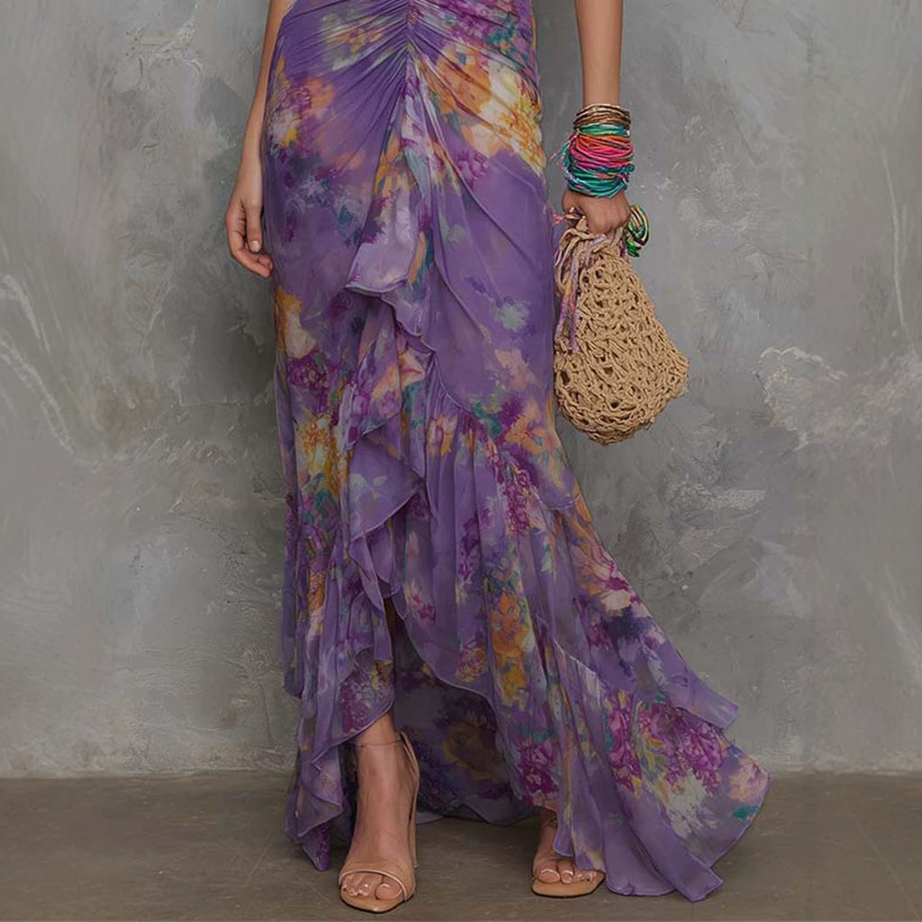 Casual Scoop-neck Low-cut Off-shoulder Colorful-printed Asymmetrical Wrap Dress by Ricaloux