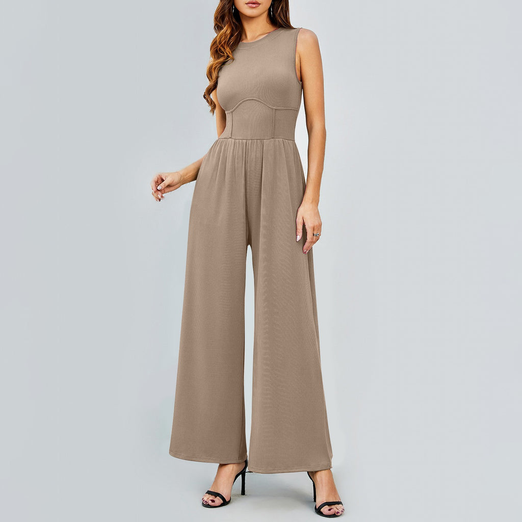 Womens Round-neck Solid-color Sleeveless Slim-fit Long Casual Jumpsuit by Ricaloux