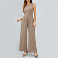 Womens Round-neck Solid-color Sleeveless Slim-fit Long Casual Jumpsuit by Ricaloux
