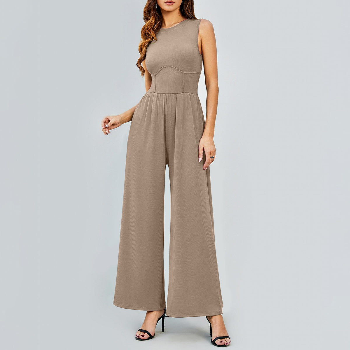 Womens Round-neck Solid-color Sleeveless Slim-fit Long Casual Jumpsuit by Ricaloux