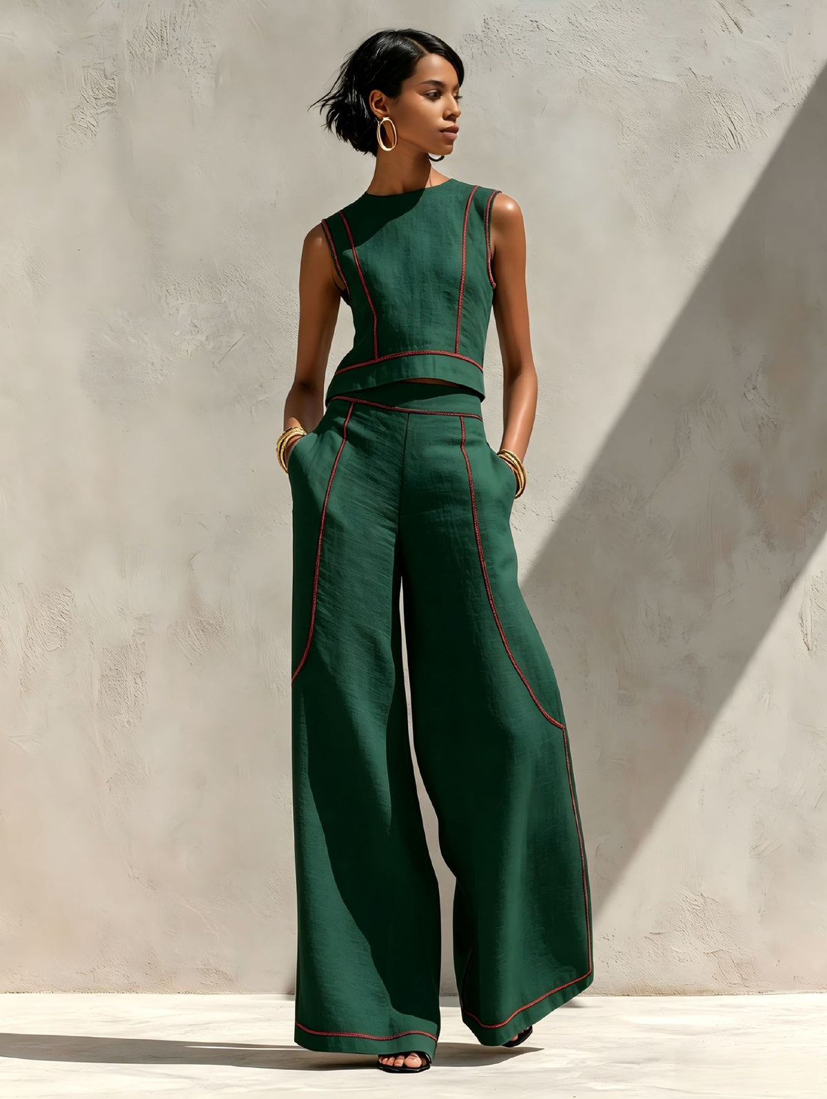 Sleeveless Color-Block Wide-Leg Pants Set Womens Summer Casual Chic Two-Piece Outfit by Ricaloux