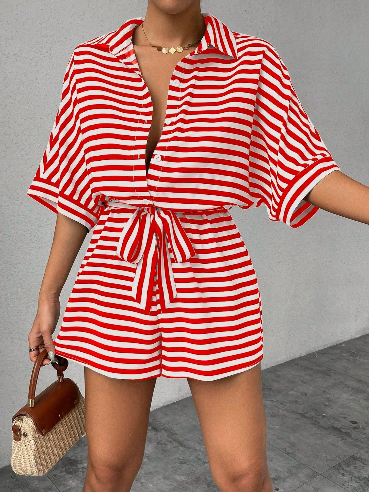 Women's Short Sleeve Striped Short Jumpsuit, Button Front Design With Waist Belt – Premium 4 | RICALOUX
