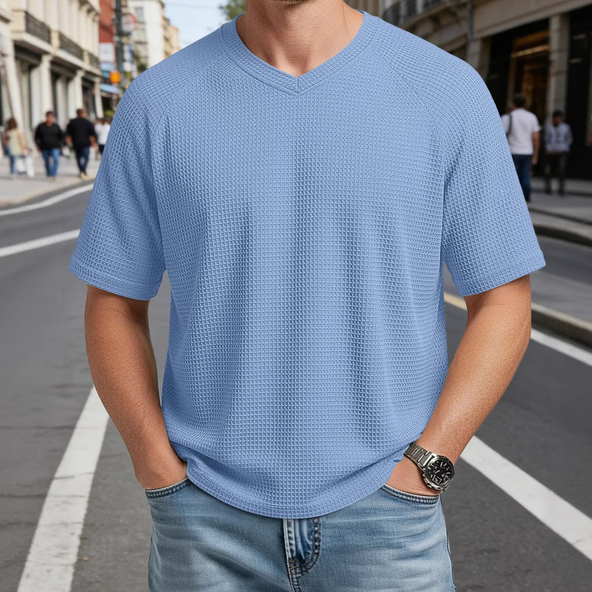 Mens V-neck Raglan Waffle-Knit Short-Sleeve Knit T-Shirt – Premium 0 | RICALOUX