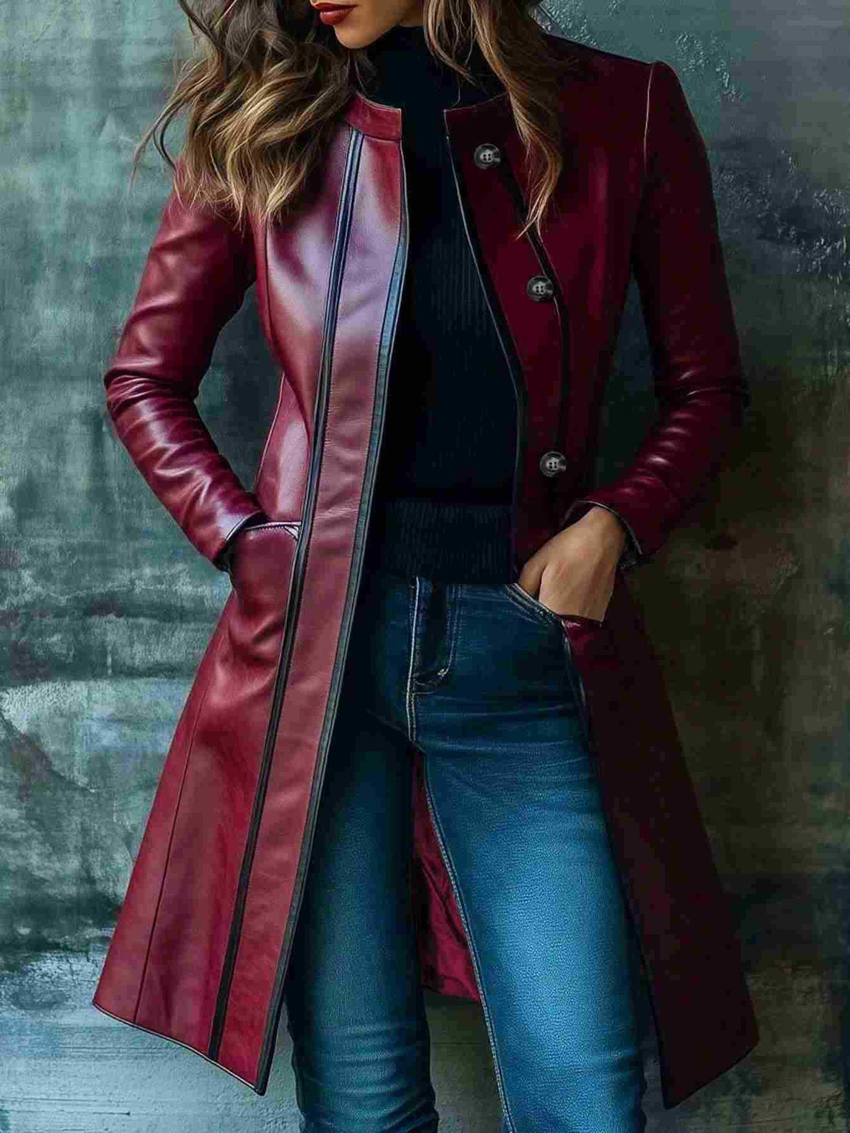 Retro Black Color-block Collar Leather Jacket Trench Coat – Premium 0 | RICALOUX