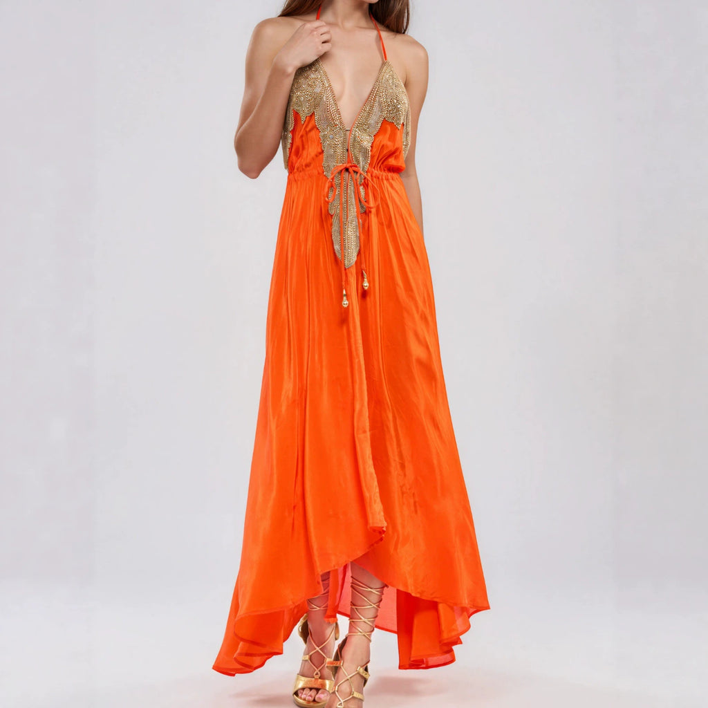 Embroidered Halterneck Drawstring Dress For Women by Ricaloux