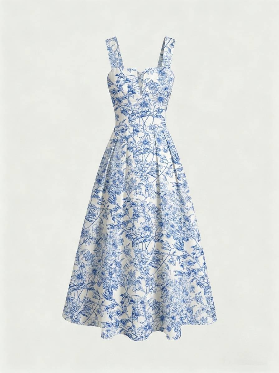 Long Cable-knit Dress With Blue And White Floral Print by Ricaloux