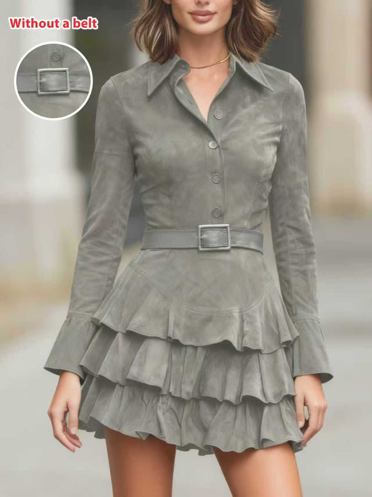 Womens Slim-Fit Solid-Color Suede Ruffled Long-Sleeve Shirt Dress – Premium 0 | RICALOUX