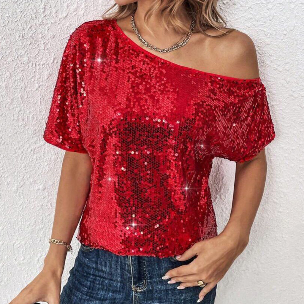 Womens Casual Solid-Color Loose Off-Shoulder Sequin T-Shirt by Ricaloux