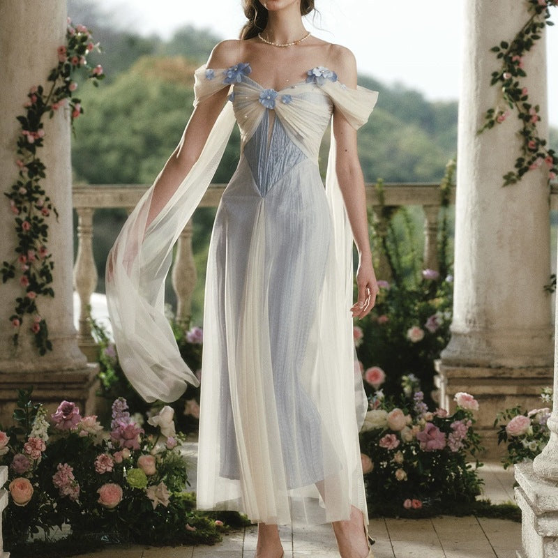 Forest-style Elfin Blue-and-white Gradient Long Dress Off-shoulder Design by Ricaloux