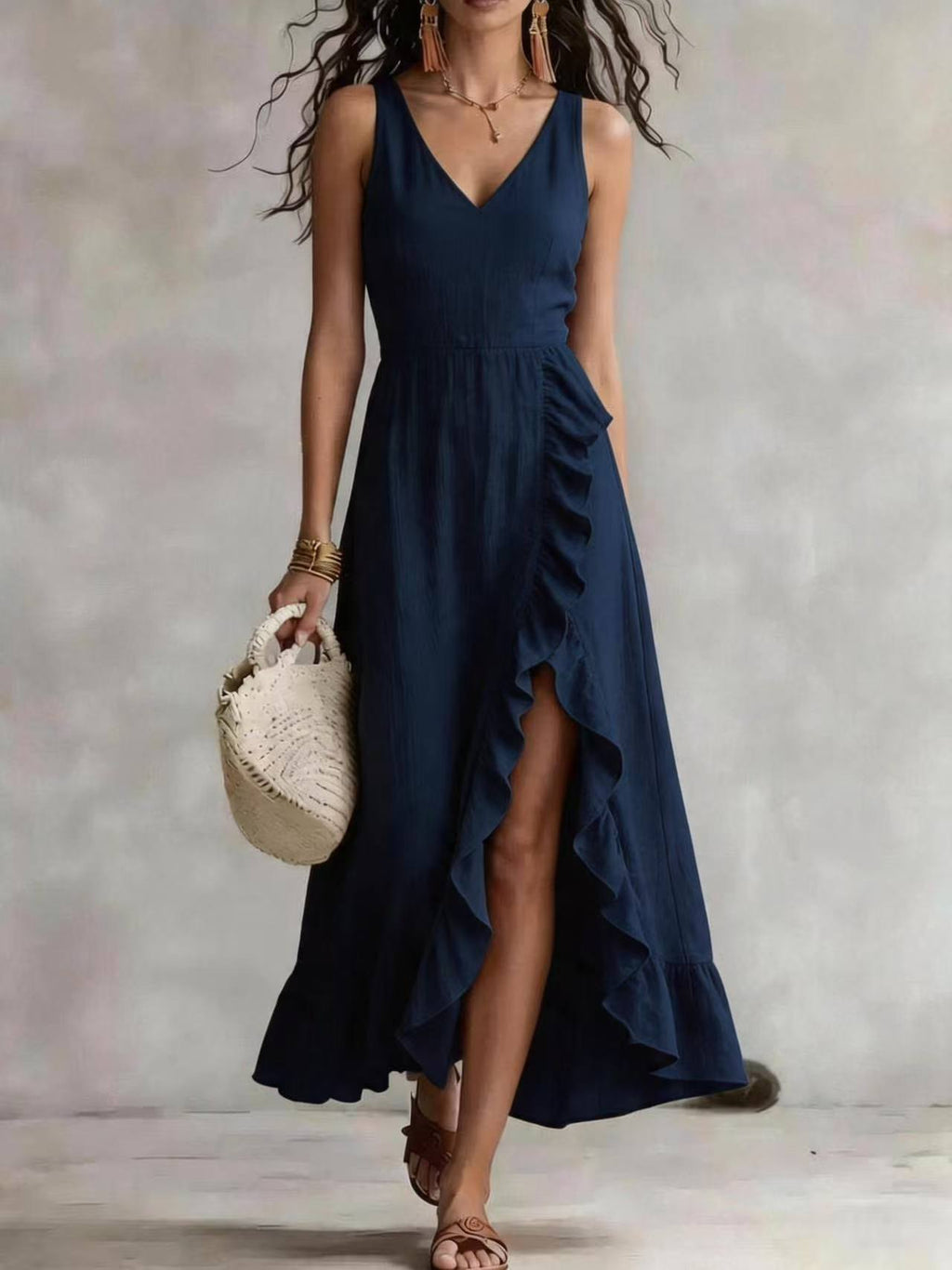 Womens V-neck Sleeveless Flounced Hem Split Dress - RICALOUX