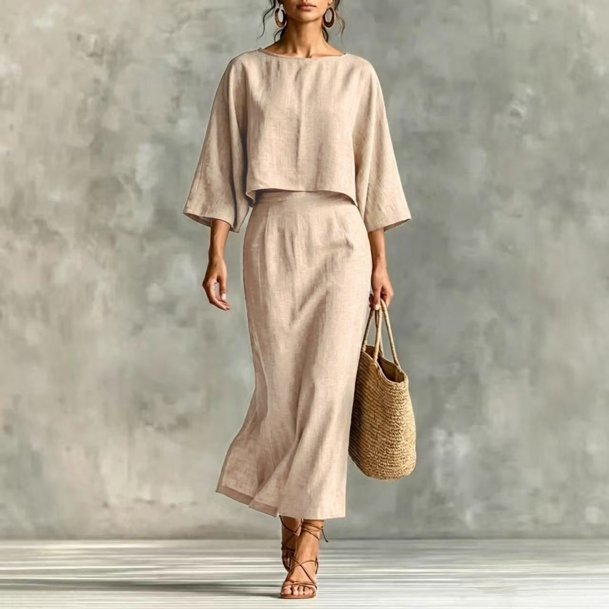 High Waisted Long Skirt Set With A Round Neck Three Quarter Sleeved Loose Fitting Womens Top – Premium 0 | RICALOUX