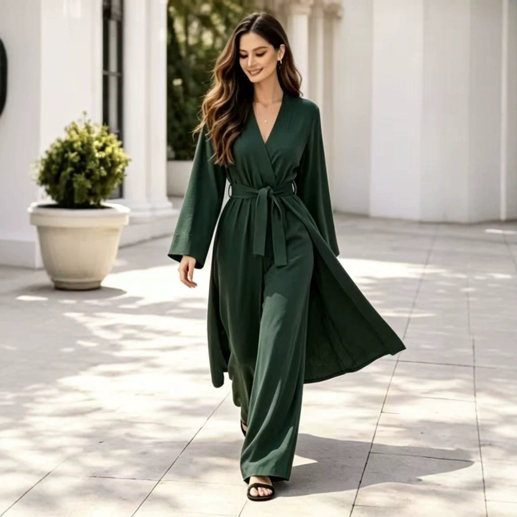 Strap-detailed Robe And Straight-leg Pants Two-piece Set by Ricaloux