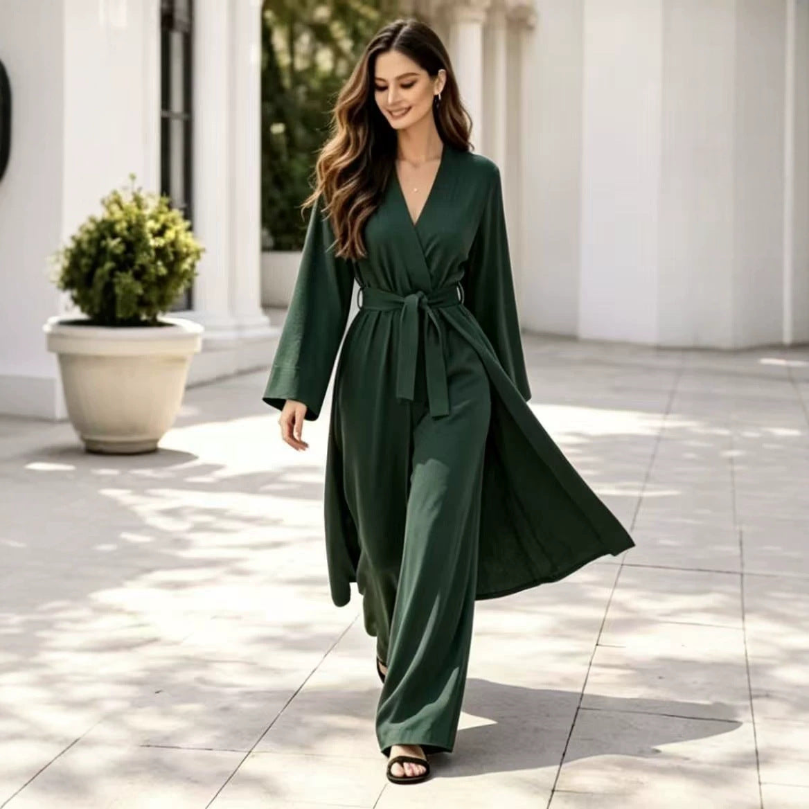 Strap-detailed Robe And Straight-leg Pants Two-piece Set by Ricaloux