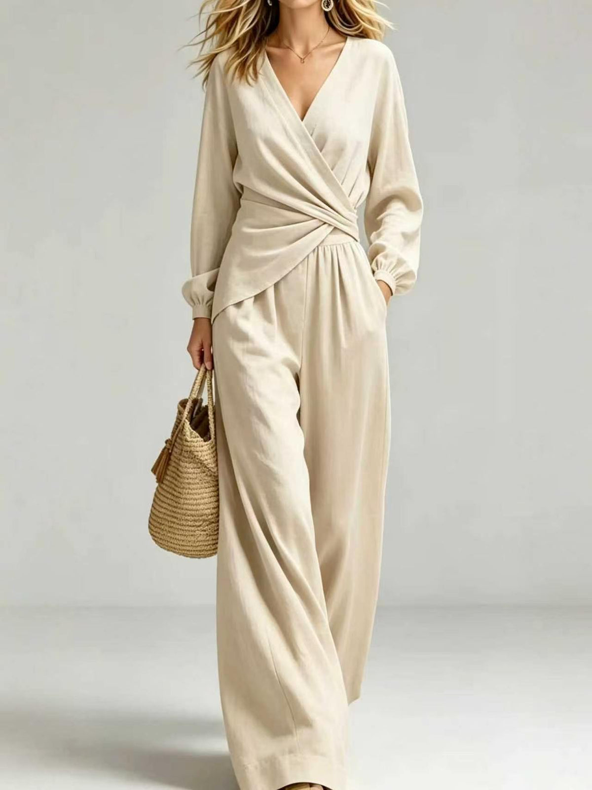 Women's 2-Piece Outfit - V-Neck Long Sleeve Wrap Blouse & Wide Leg Pants Set, Elegant Casual Pocketed Matching Set – Premium 4 | RICALOUX