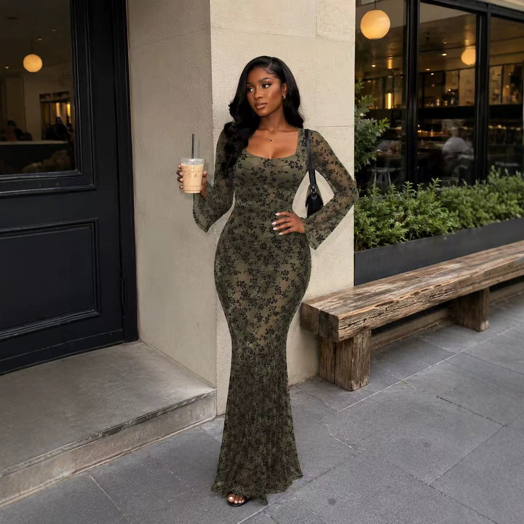 Flocked-print Slimming Flared Long-sleeve Dress by Ricaloux