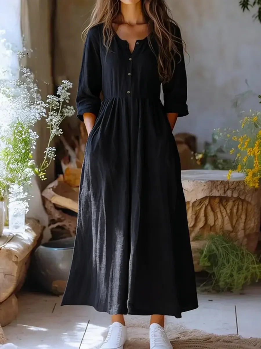Womens Solid-color Long-sleeve Retro Cotton-linen Dress by Ricaloux