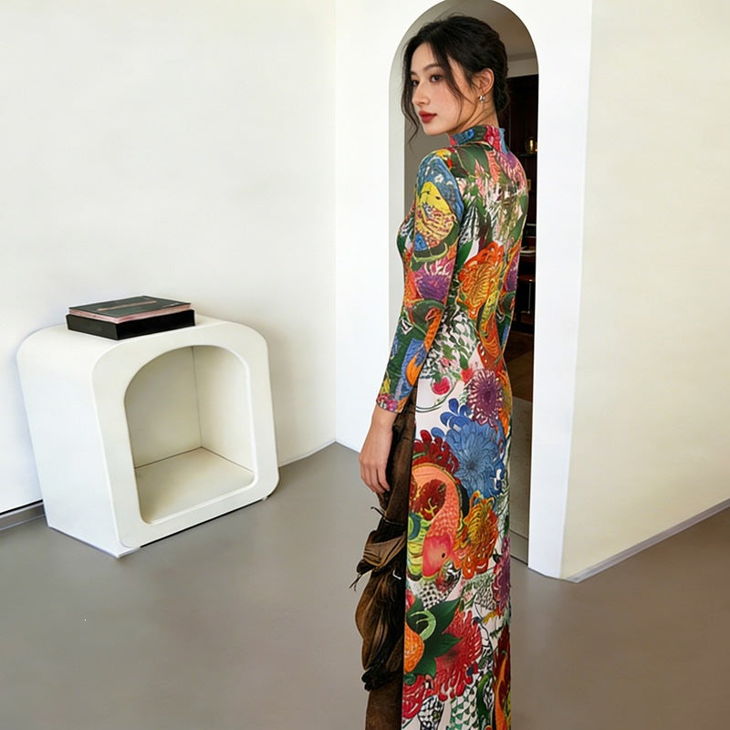 Womens Fashion Printed Long-sleeve Mock-neck High-slit Dress – Premium 0 | RICALOUX