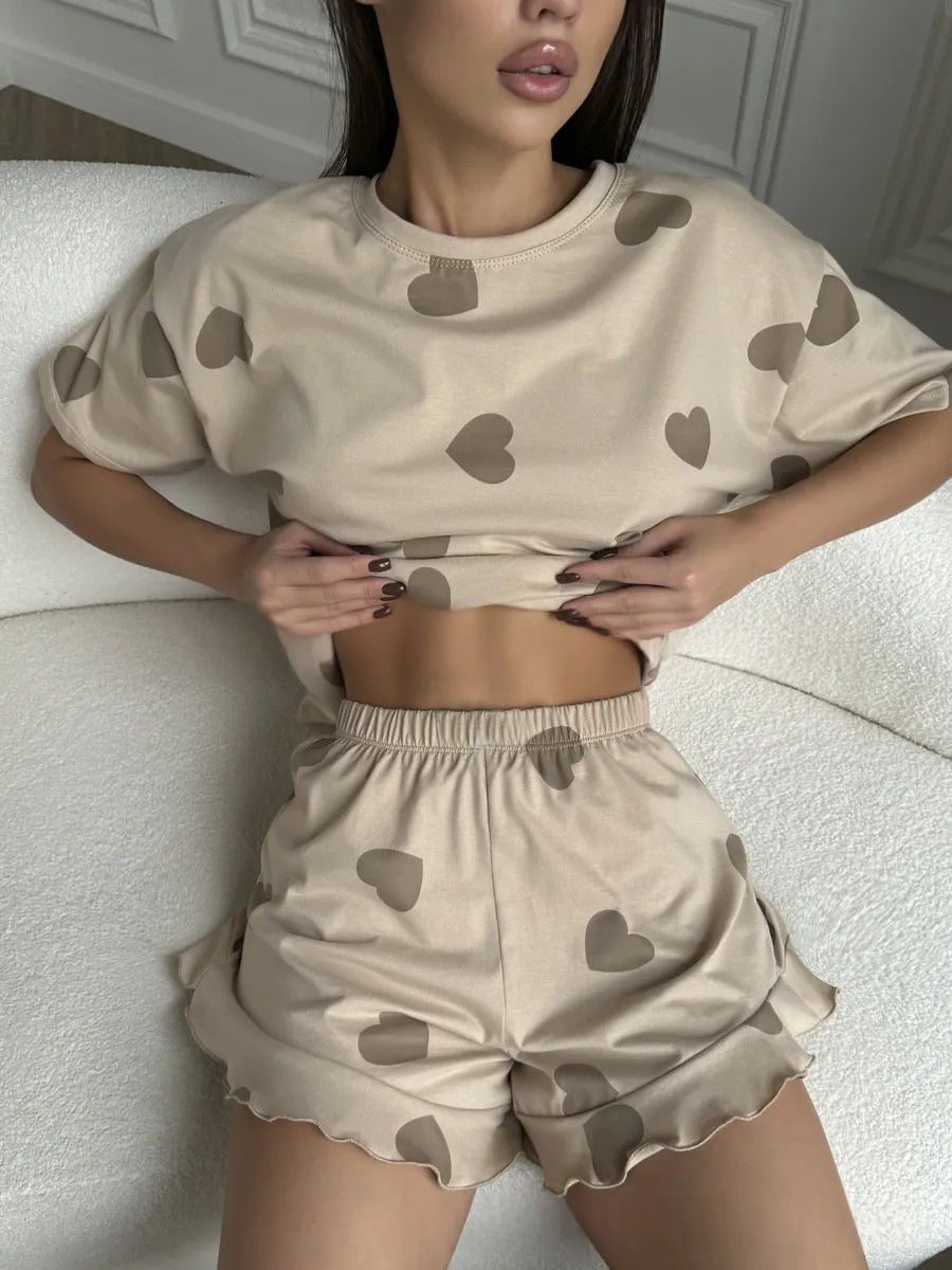 Heart-print Short-sleeve Pajama Set With Shorts by Ricaloux