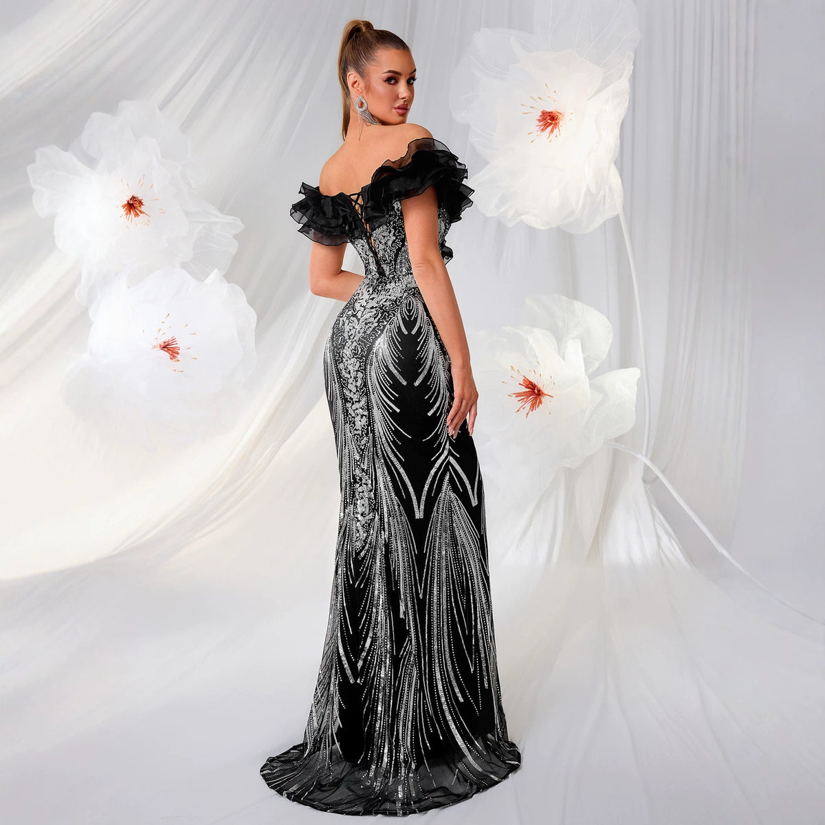 Light-luxury Off-shoulder Fishtail Dress With Ruffled Hem by Ricaloux