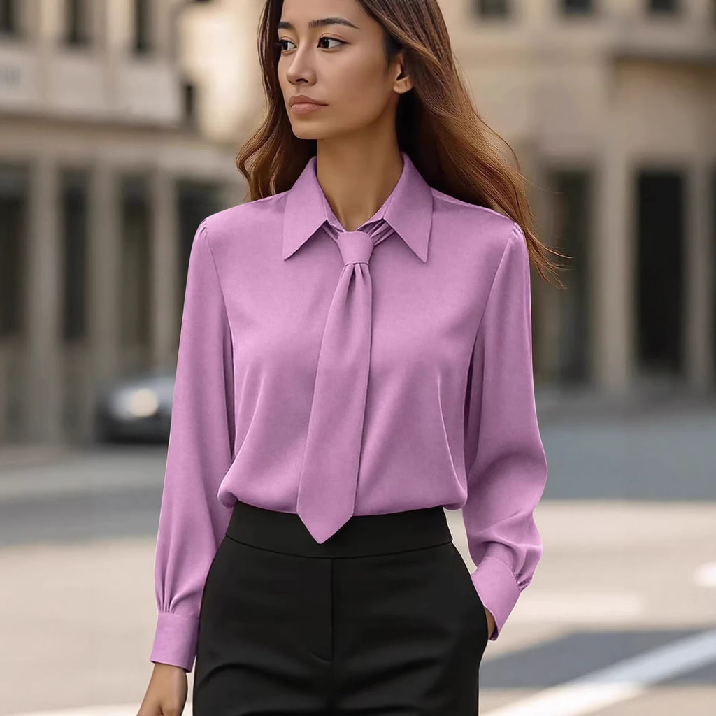 Womens Solid-Color Casual Tie Long-Sleeve French-Collar Shirt by Ricaloux