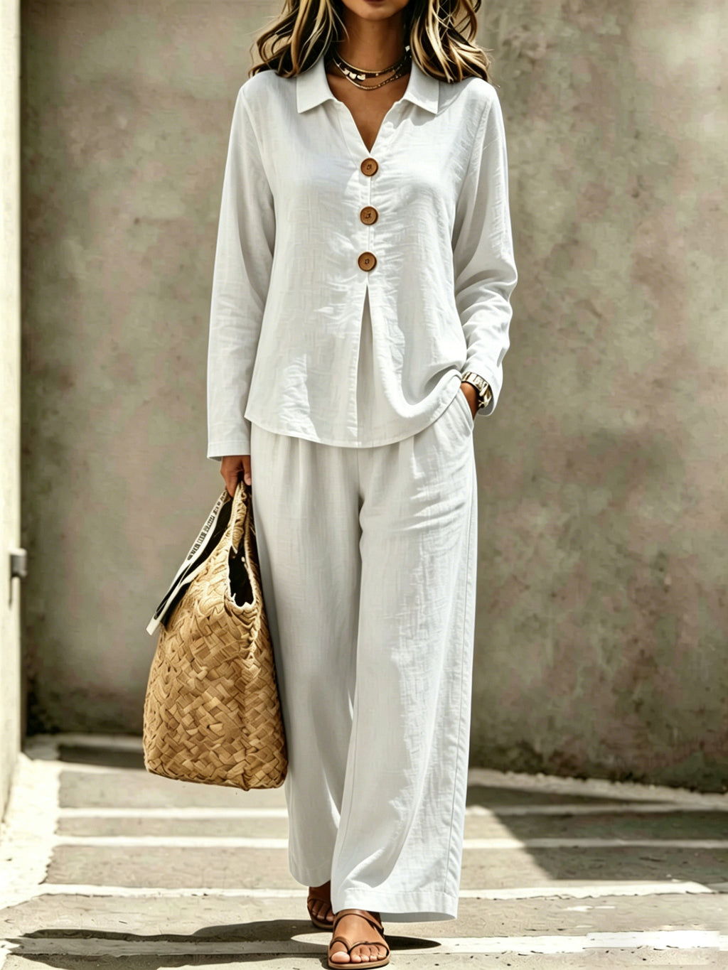 Womens Buttoned Polo-collar Long-sleeve Pantsuit by Ricaloux