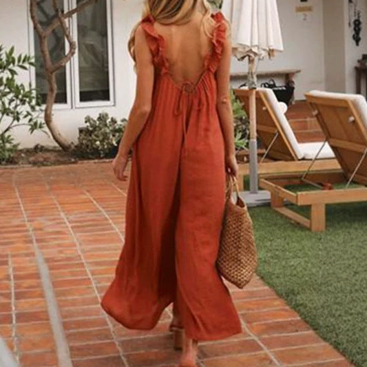 Casual Resort Wide-leg Pants With Straps Ruffled Edges And Pockets by Ricaloux