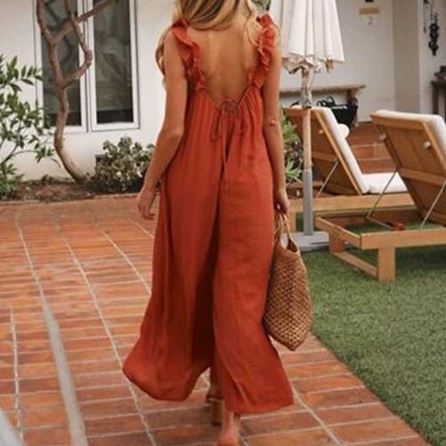 Casual Resort Wide-leg Pants With Straps Ruffled Edges And Pockets by Ricaloux