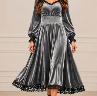 Casual Autumn Lace-Patchwork Velvet Evening Dress by Ricaloux
