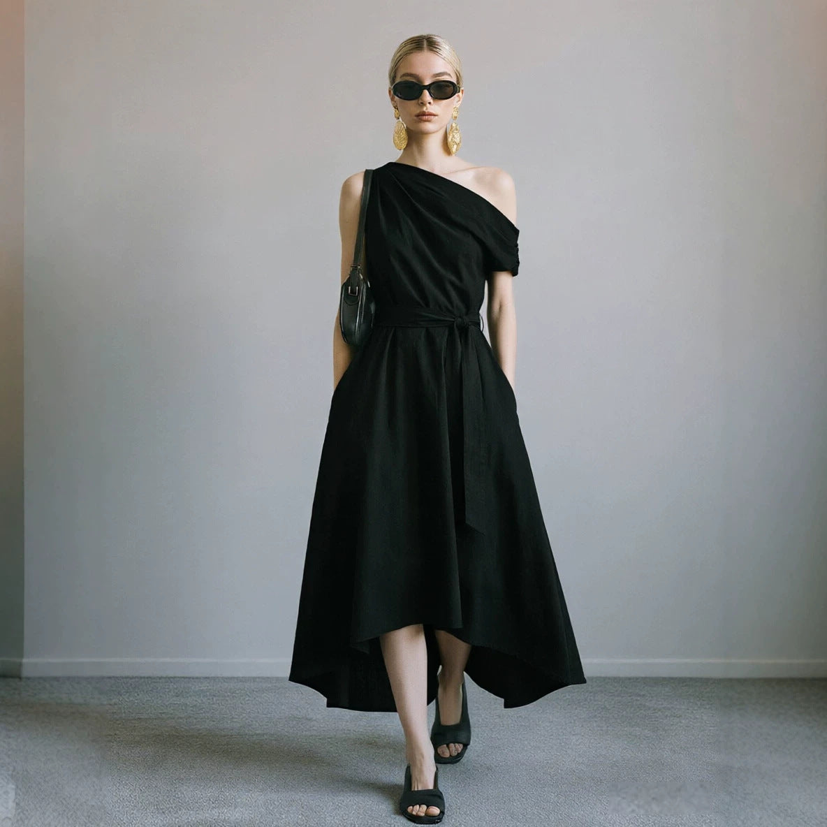 Irregular Hem Off-the-shoulder Waist-cinching Lace-up Elegant Womens Dress – Premium 0 | RICALOUX