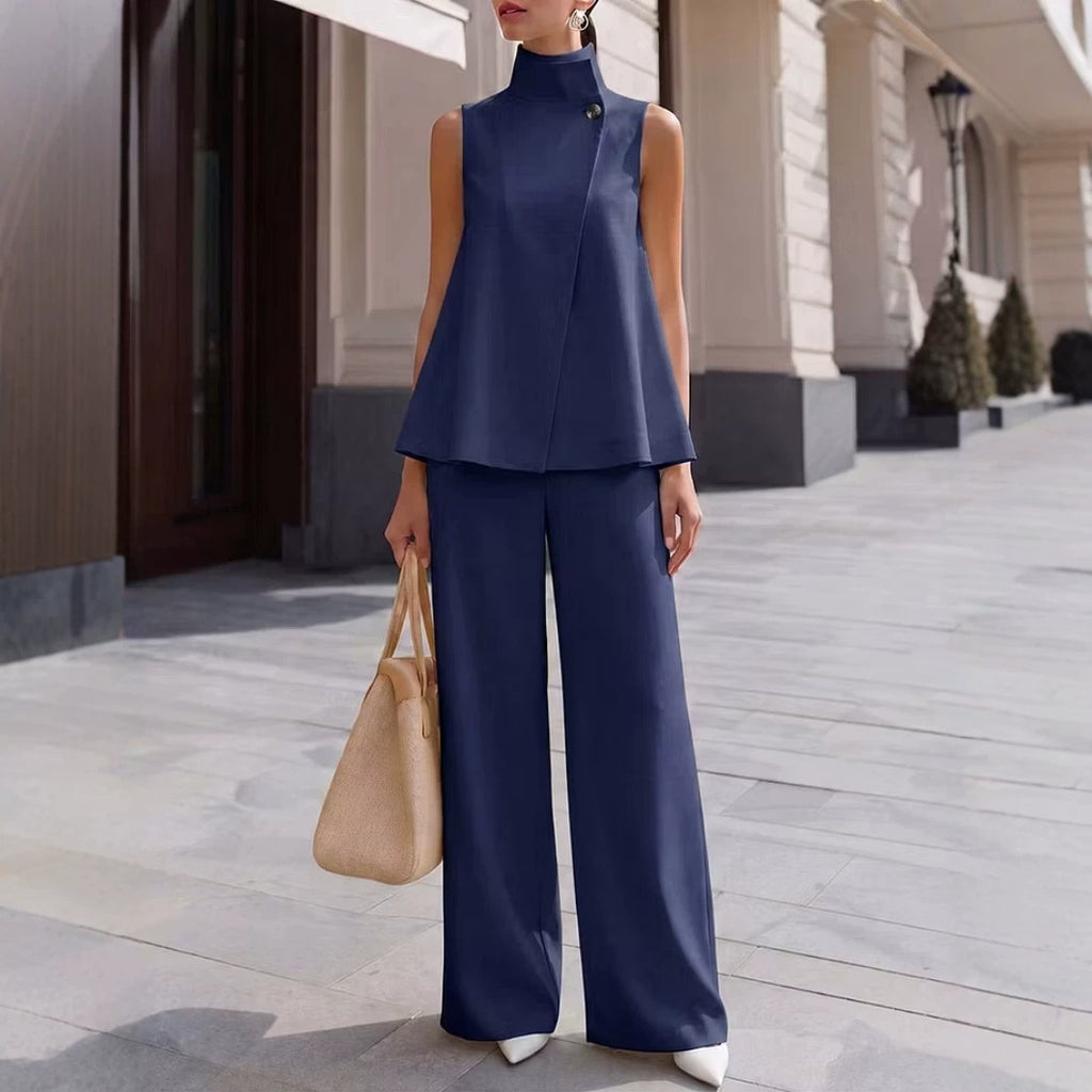 Womens Stand-collar Sleeveless Top And Elastic-waist Wide-leg Pants by Ricaloux
