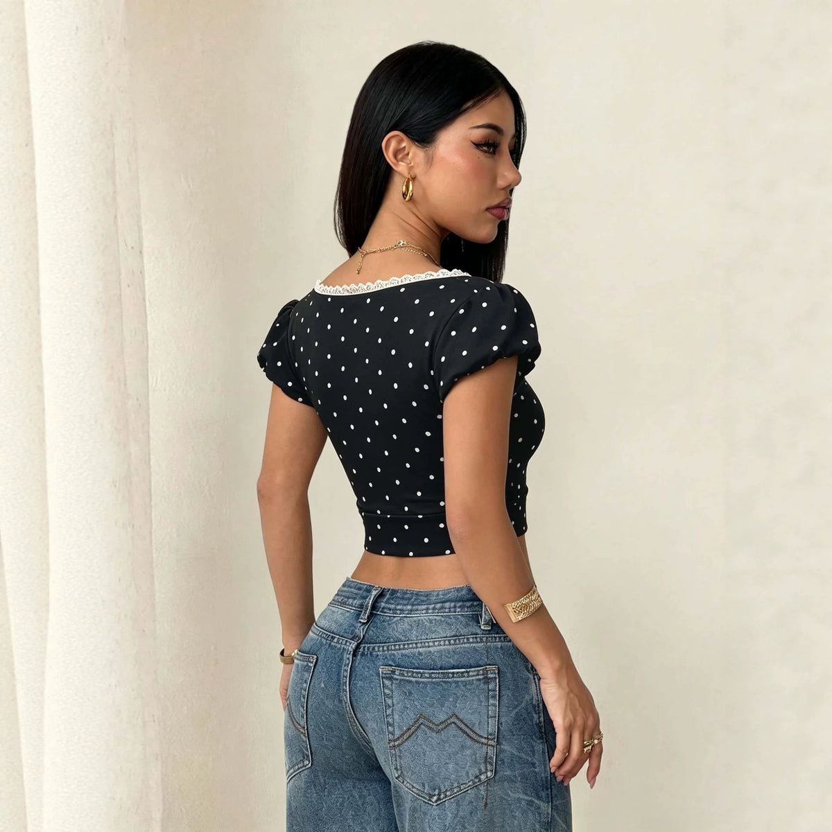 Square-neck Polka-dot Puff-sleeve Womens T-shirt by Ricaloux
