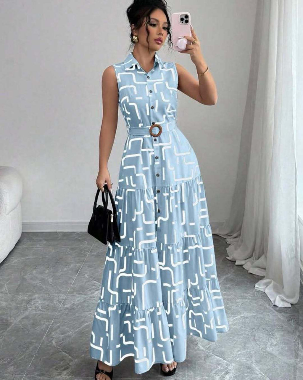 Printed-button Sleeveless Lace-up Shirt-collar Dress by Ricaloux