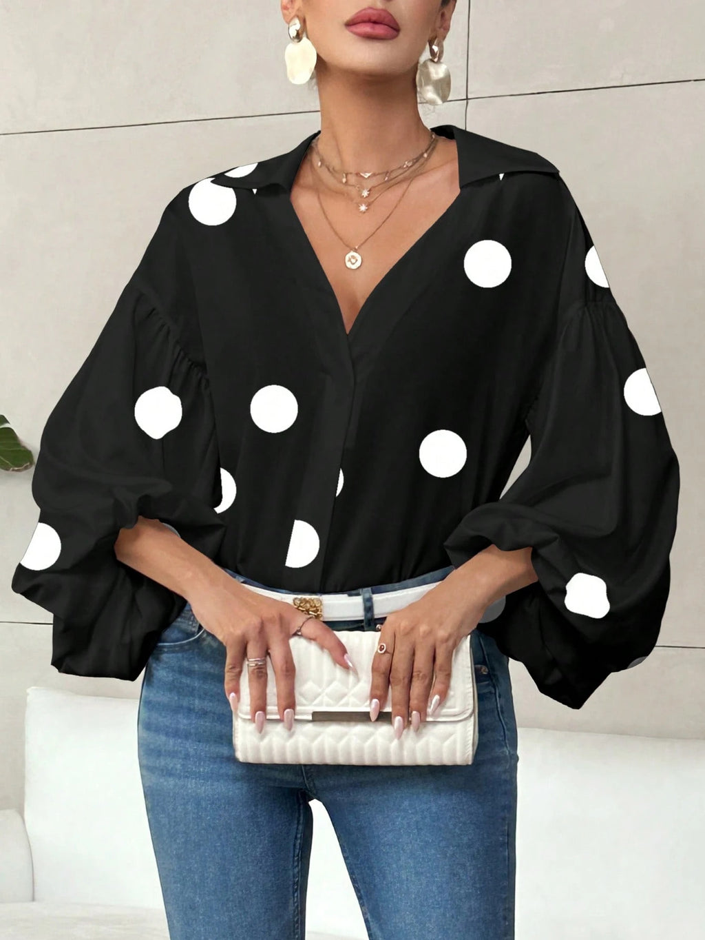 Niche Fashionable French Polka Dot Half-open Collar Design Loose Bubble Long Sleeve Top - RICALOUX
