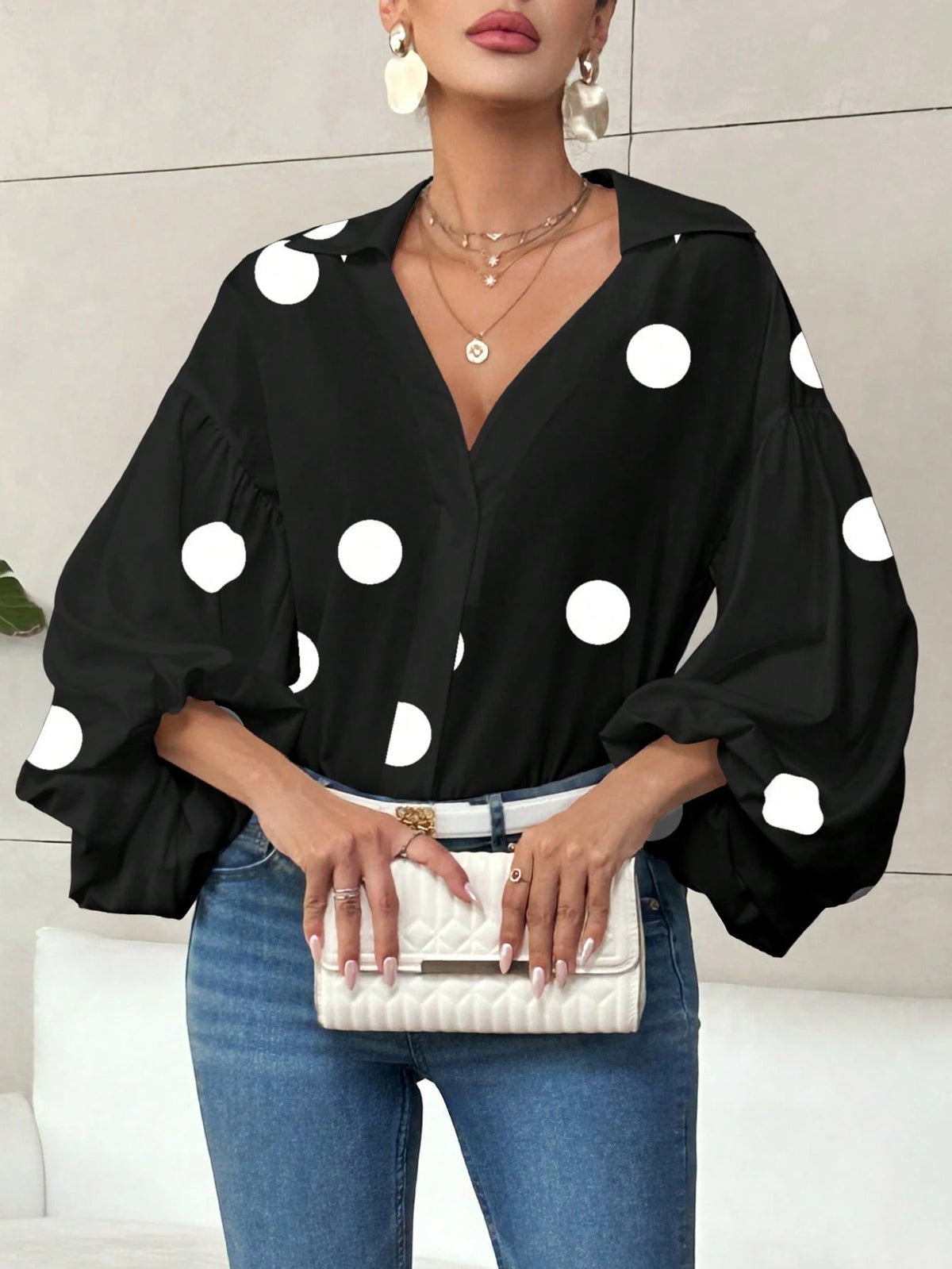 Niche Fashionable French Polka Dot Half-open Collar Design Loose Bubble Long Sleeve Top - RICALOUX
