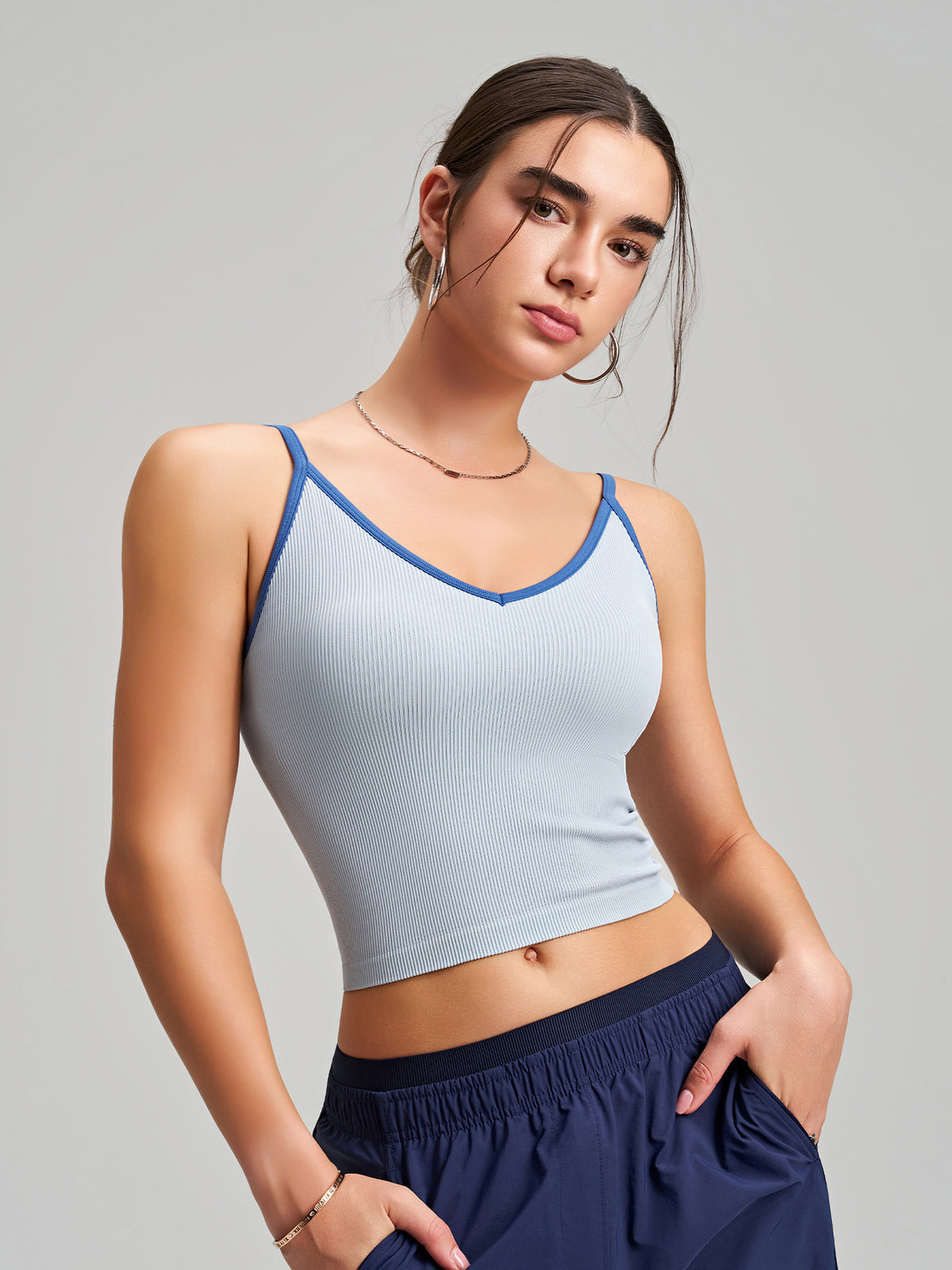 Color-block V-neck Camisole With Built-in Padded Cups, Color-block Straps, Wearable As Outerwear, Sports Tank Top For Pilates And Yoga With Back-flattering Design by Ricaloux