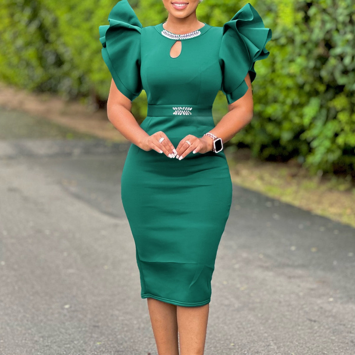 Summer Crew-neck Ruffled-sleeve Rhinestone-embellished Sheath Dress by Ricaloux
