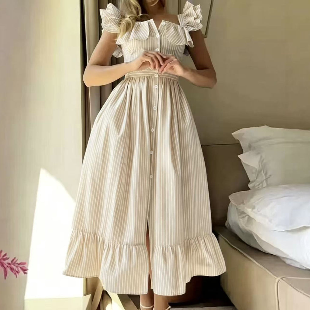 Buttoned Striped Dress With Puff Sleeves And Ruffled Hem – Premium 0 | RICALOUX