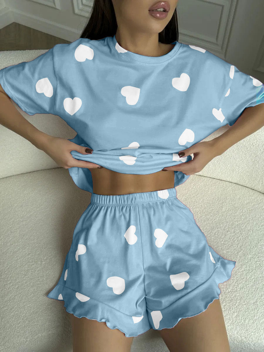 Heart-print Short-sleeve Pajama Set With Shorts by Ricaloux