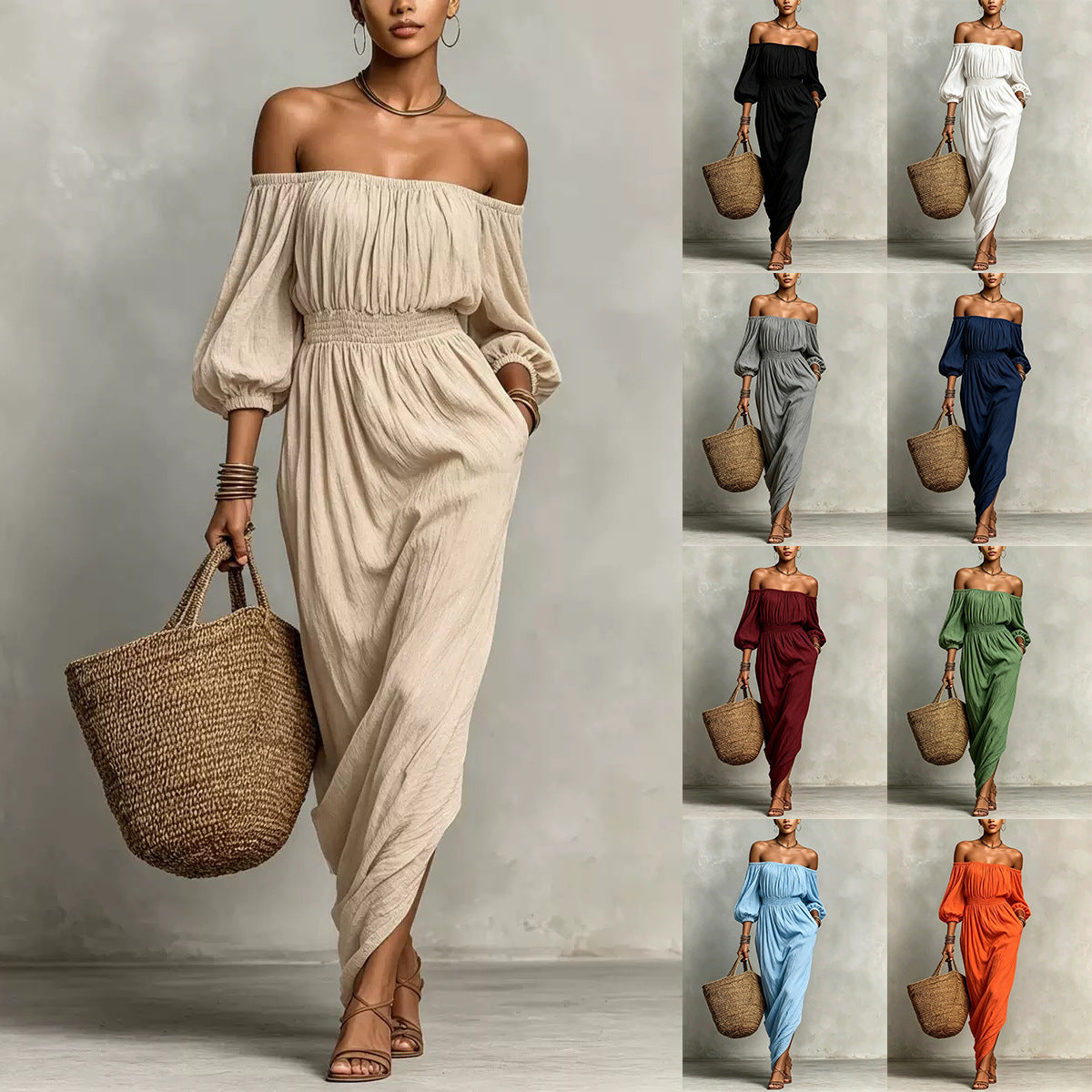 Womens Solid-color Casual Off-shoulder Dress by Ricaloux