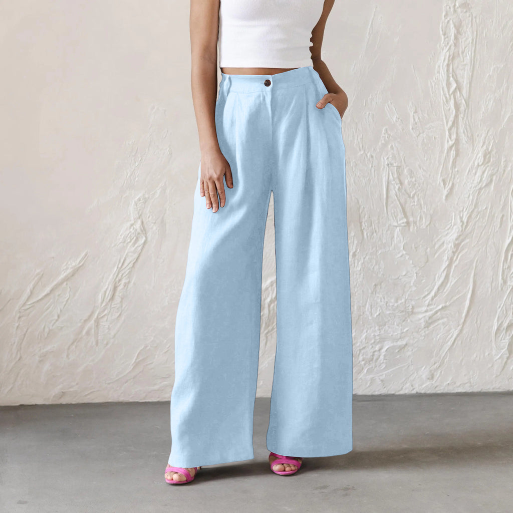 Womens Solid-Color High-Waisted Wide-Leg Pants Casual And Relaxed Fit Long Trousers – Premium 0 | RICALOUX