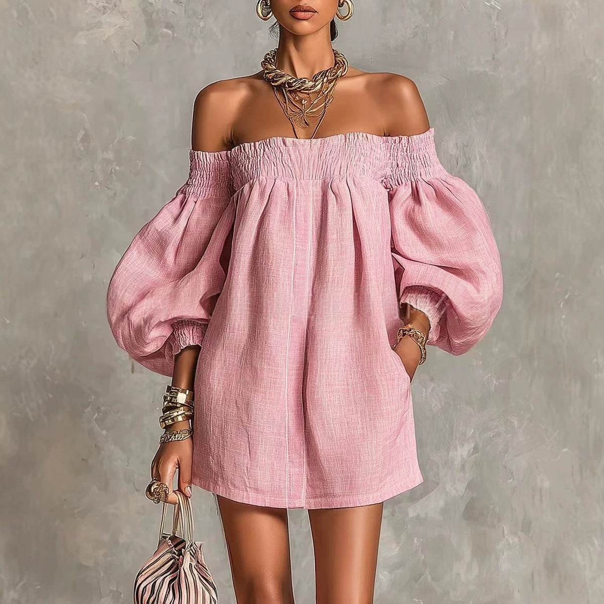 Off-the-shoulder Lantern-sleeve A-line Loose-fit Mini Dress by Ricaloux