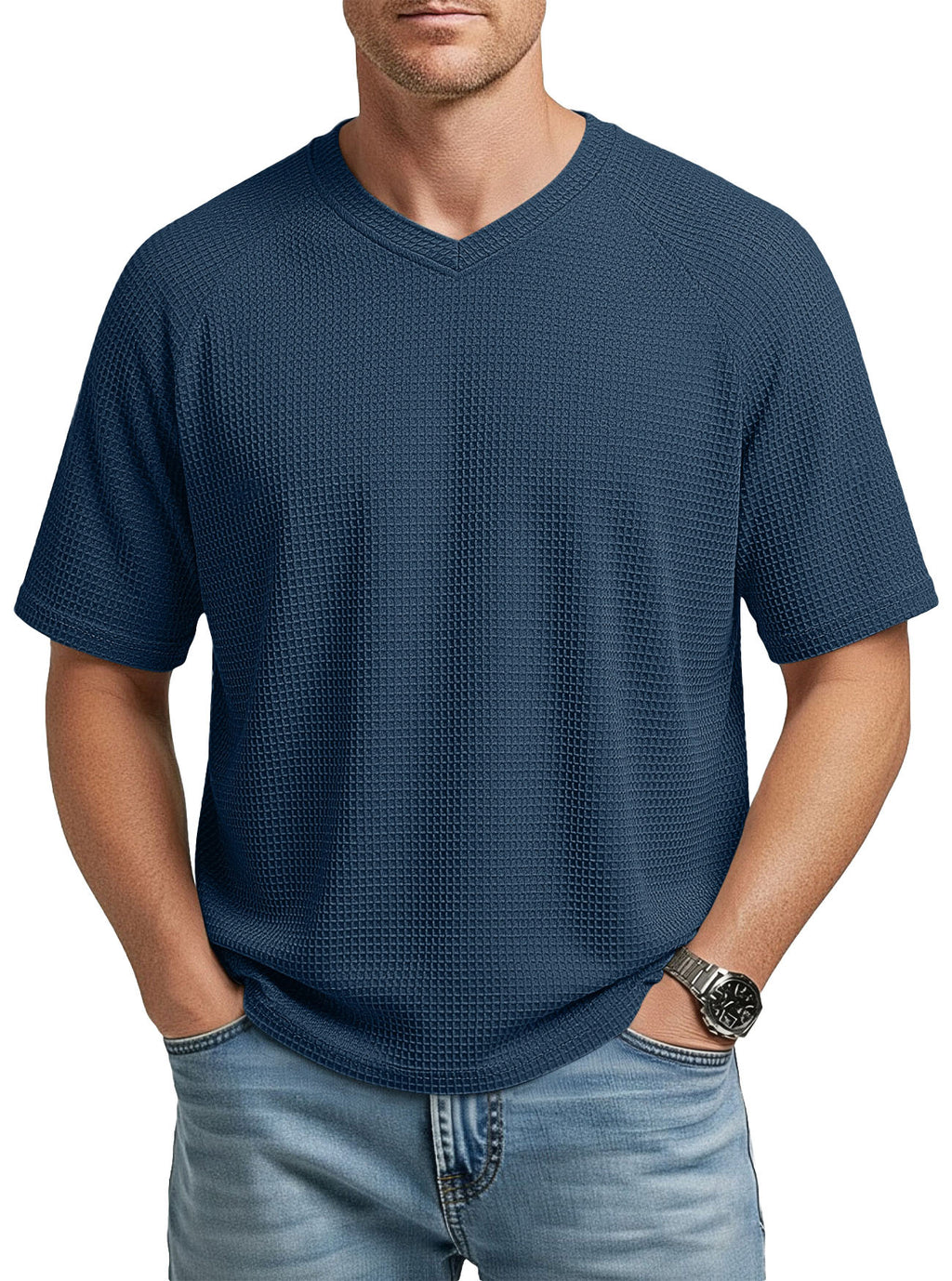Mens V-neck Raglan Waffle-Knit Short-Sleeve Knit T-Shirt – Premium 0 | RICALOUX