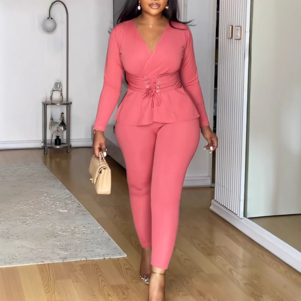 European And American Solid-color V-neck Waist-cinching Stretchy Long-sleeve Pants Set – Premium 0 | RICALOUX