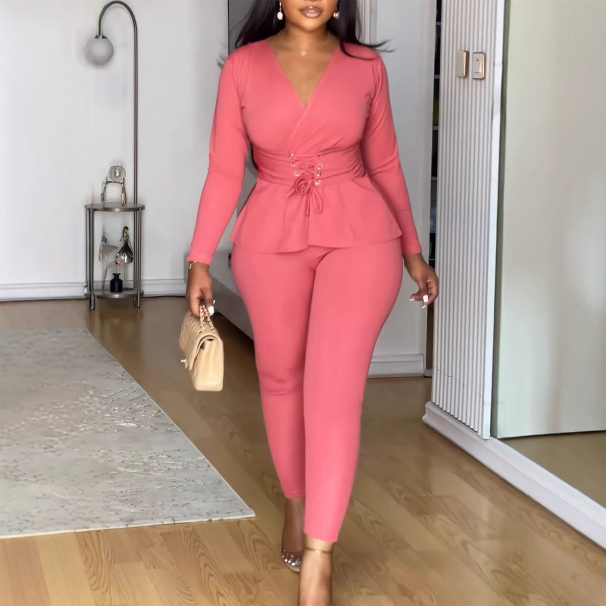 European And American Solid-color V-neck Waist-cinching Stretchy Long-sleeve Pants Set – Premium 0 | RICALOUX