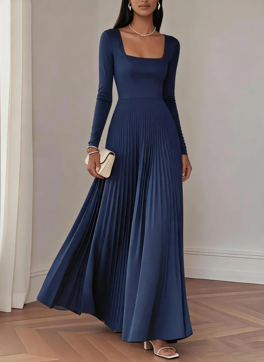 Womens Square-neck Long-sleeve Waist-cinching Pleated Dress – Premium 0 | RICALOUX