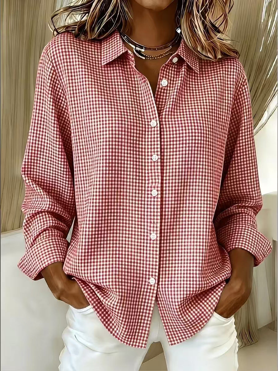 Versatile Lapel-collar Long-sleeve Plaid Shirt by Ricaloux