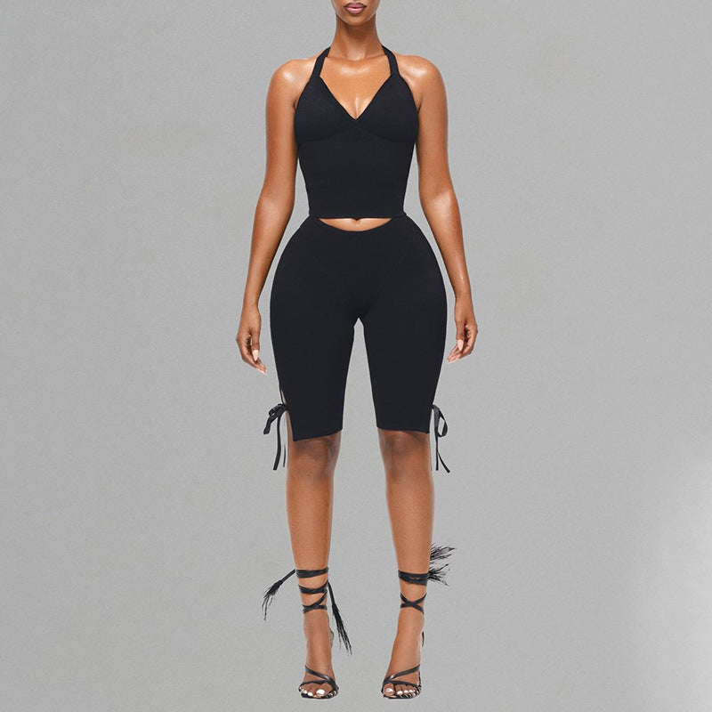 Womens Halterneck Strapless Tube Top And Bow-Knot Pants Solid-Color Set by Ricaloux
