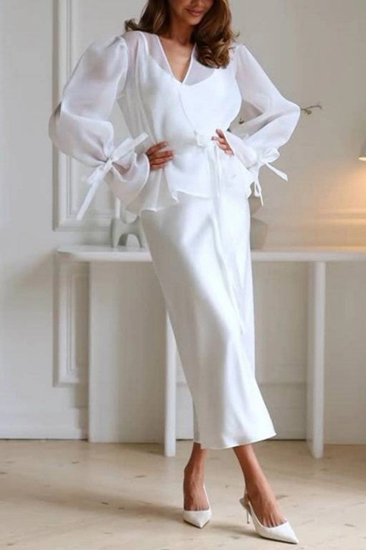 Womens Casual Lace-Up Shirt And Satin Dress Set – Premium 0 | RICALOUX