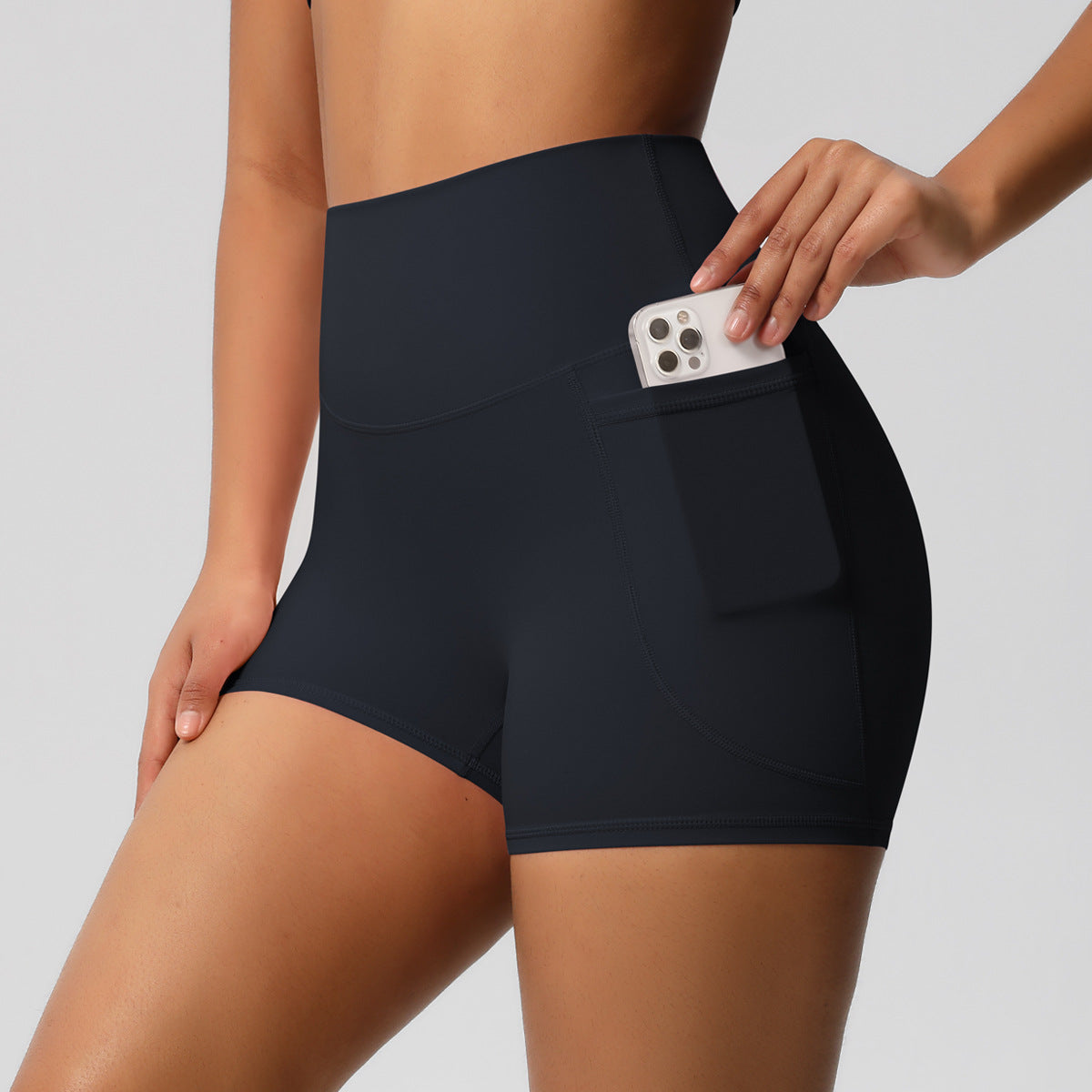 Brushed Solid Color Pocket High Waist Tight High Elastic Yoga Shorts – Premium 0 | RICALOUX