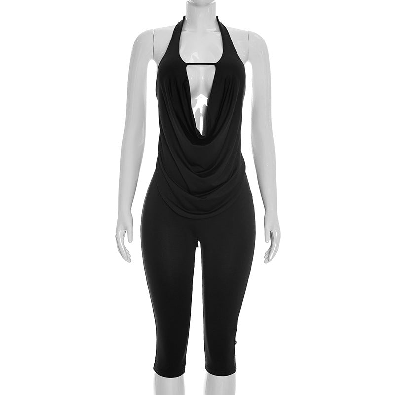 Womens Solid-color Spicy-chic Slimming Draped-neck Halter Set by Ricaloux